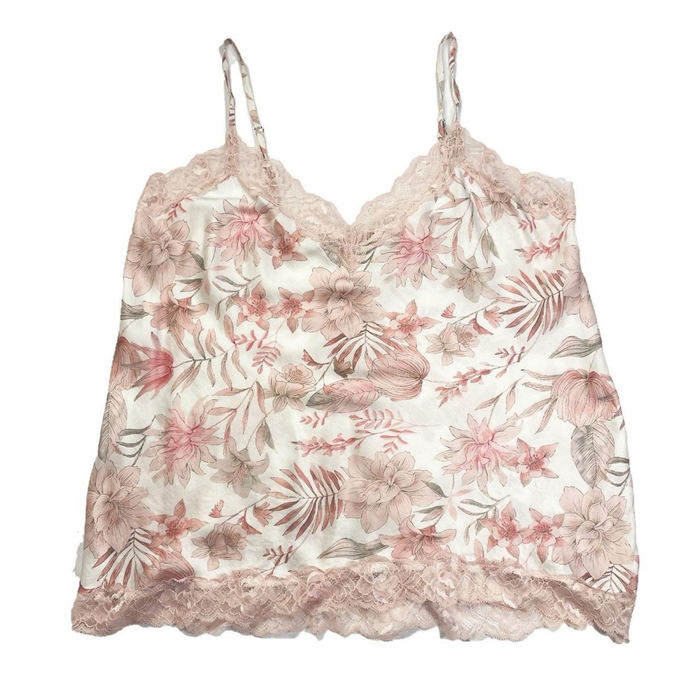 Floral Lace Trim Satin Cami Tank - Pink & Cream